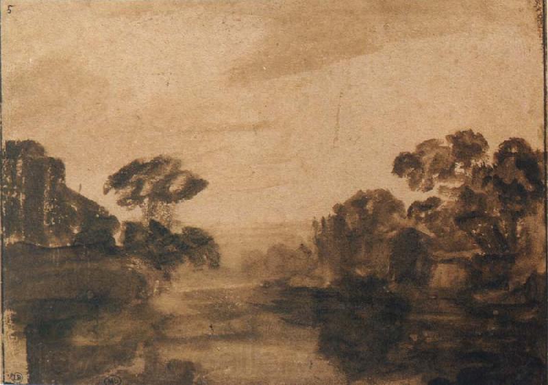 REMBRANDT Harmenszoon van Rijn River with Trees on its Embankment at Dusk Spain oil painting art